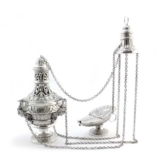 Turibolo Con Navetta In Fusione Cesellato Argentato 30 Cm 1 Turibolo Con Navetta In Fusione Cesellato Argentato 30 Cm