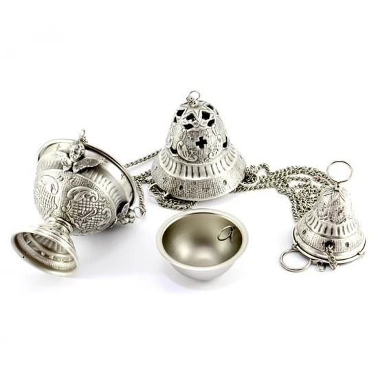 Turibolo Con Navetta Crocette Ottone Cesellato 24 Cm 2 Turibolo Con Navetta Crocette Ottone Cesellato 24 Cm - immagine 2