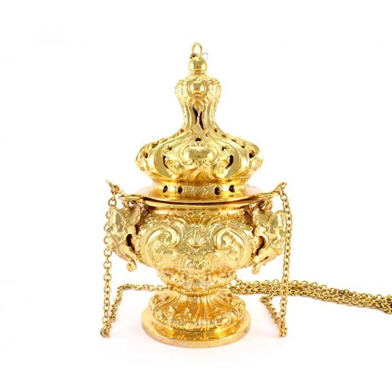 Turibolo Con Navetta In Fusione Dorata Stile Barocco 30 Cm 2 Turibolo Con Navetta In Fusione Dorata Stile Barocco 30 Cm - immagine 2