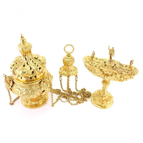 Turibolo Con Navetta In Fusione Dorata Stile Barocco 30 Cm 6 Turibolo Con Navetta In Fusione Dorata Stile Barocco 30 Cm - immagine 6