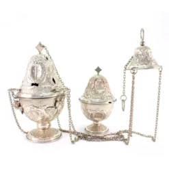 Turibolo E Navetta Cesellato Argentato Anticato 25 Cm