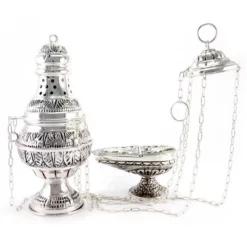 Turibolo E Navetta Ottone Argentato Cesellato 27 Cm