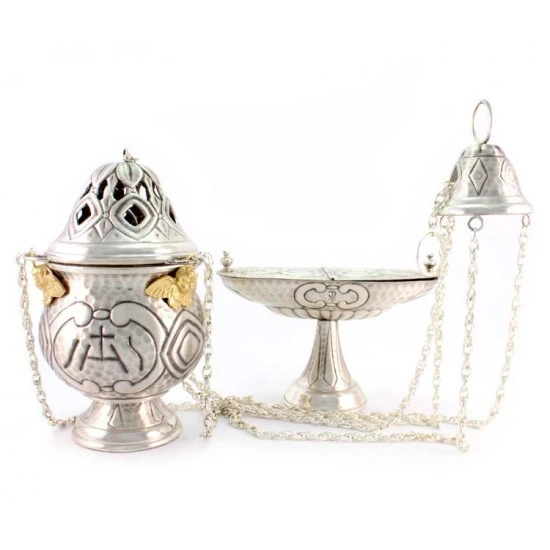 Turibolo E Navetta Cesellato Con Simboli Liturgici 24 Cm 1 Turibolo E Navetta Cesellato Con Simboli Liturgici 24 Cm