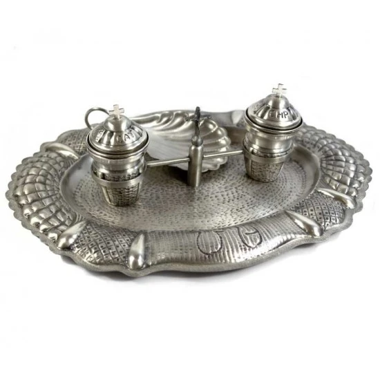 Servizio Da Battesimo In Ottone Stile Antico Piatto 32x24 Cm 2 Servizio Da Battesimo In Ottone Stile Antico Piatto 32x24 Cm - immagine 2