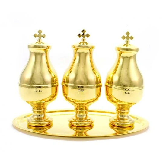 Servizio Oli Santi Ottone Dorato Con Astuccio 16 Cm 1 Servizio Oli Santi Ottone Dorato Con Astuccio 16 Cm